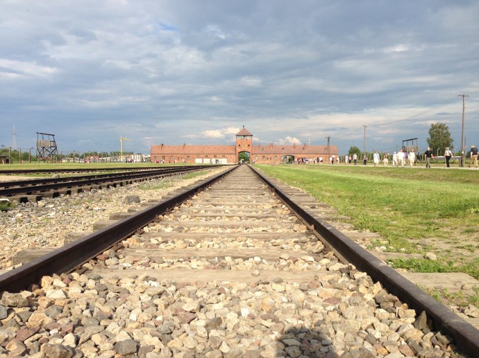 Looking back at the entrance to Auschwitz II / Birkenau